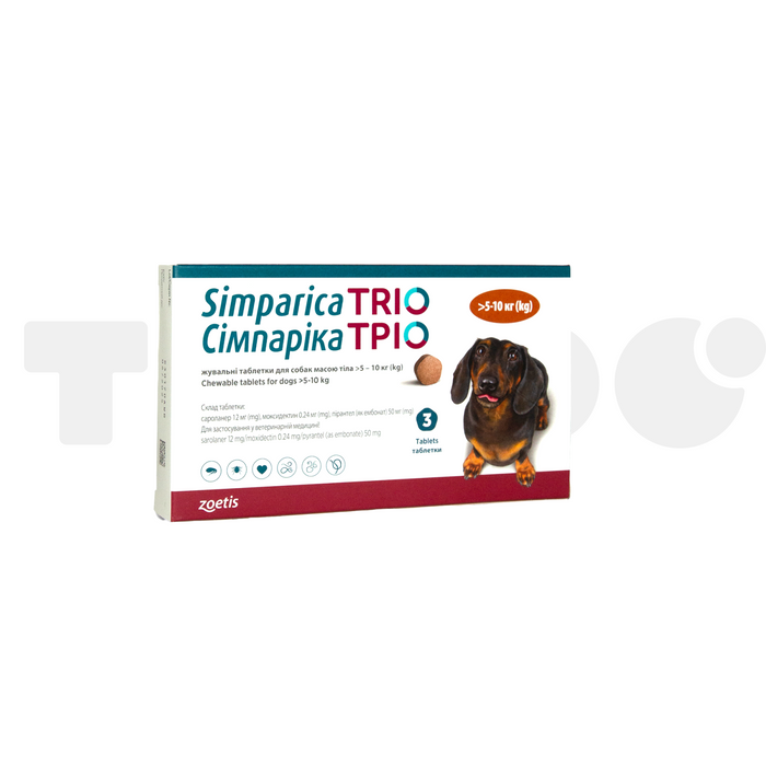 Zoetis Сімпаріка TRIO таблетки від кліщів, бліх та серцевих глистів для собак 5-10 кг